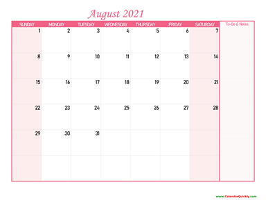 August Calendar 2021 with Notes