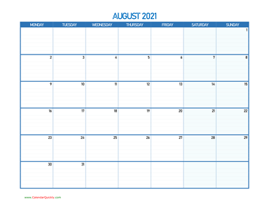 August Monday 2021 Blank Calendar
