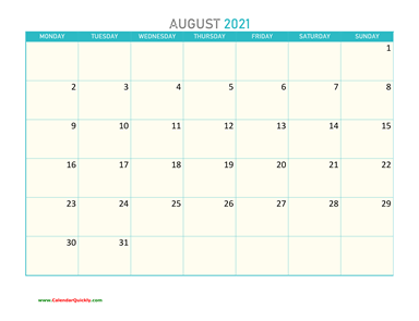 August Monday 2021 Calendar Printable