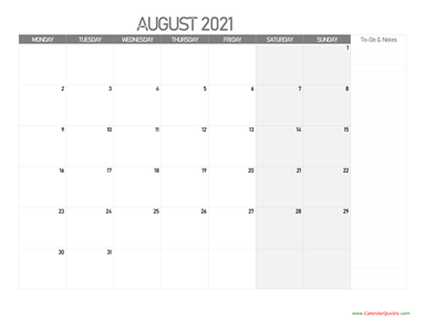 August Monday Calendar 2021 with Notes