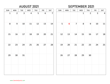 August and September 2021 Calendar Horizontal