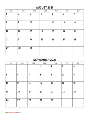 August and September 2021 Calendar Vertical