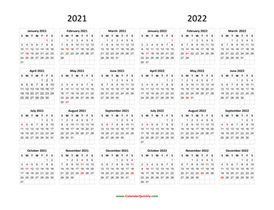 Calendar 2021 and 2022 on One Page