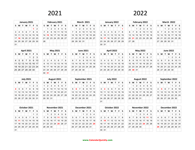 Calendar 2021 and 2022 on One Page | Calendar Quickly