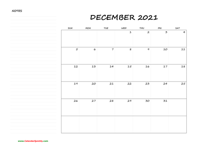 December Blank Calendar 2021 with Notes