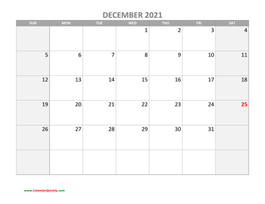 December Calendar 2021 with Holidays