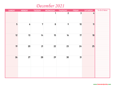 December Calendar 2021 with Notes