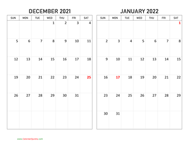 December 2021 and January 2022 Calendar Horizontal