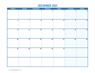 December Monday 2021 Blank Calendar