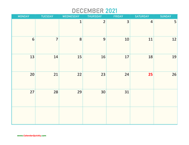 December Monday 2021 Calendar Printable