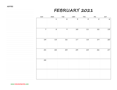 February Blank Calendar 2021 with Notes