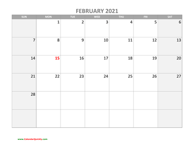 February Calendar 2021 with Holidays