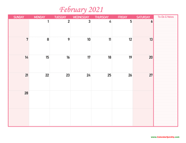 February Calendar 2021 with Notes