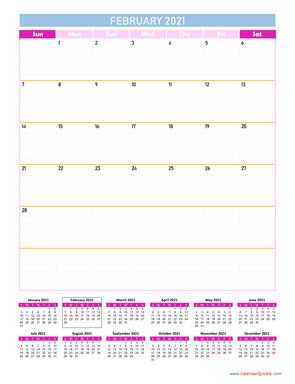 February Calendar 2021 Vertical