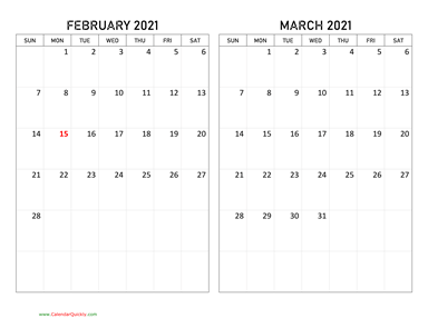 February and March 2021 Calendar Horizontal