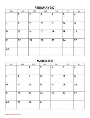 February and March 2021 Calendar Vertical