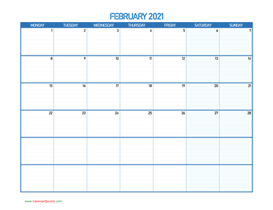 February Monday 2021 Blank Calendar