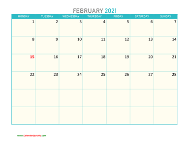 February Monday 2021 Calendar Printable