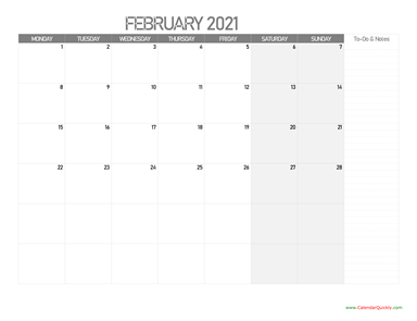 February Monday Calendar 2021 with Notes