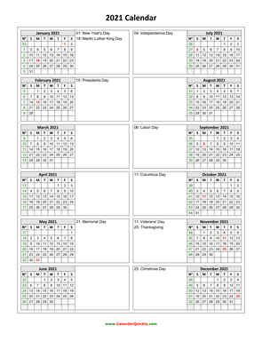 Holidays Calendar 2021 Vertical