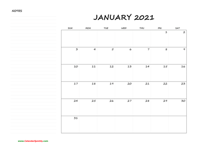 January Blank Calendar 2021 with Notes