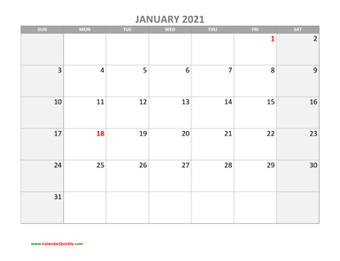 January Calendar 2021 with Holidays