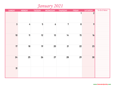 January Calendar 2021 with Notes