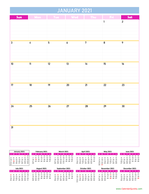 January Calendar 2021 Vertical