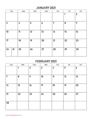 January and February 2021 Calendar Vertical