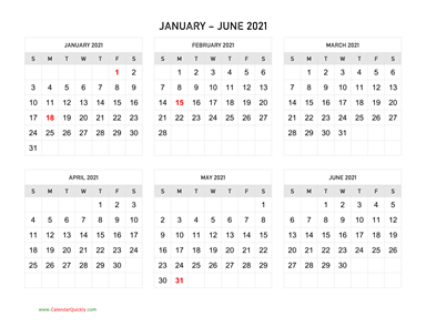 January to June 2021 Calendar Horizontal