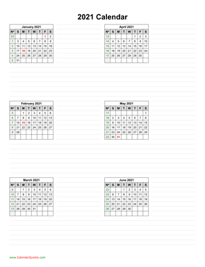 January to June 2021 Calendar Vertical