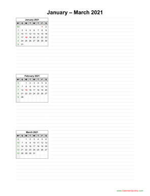 January to March 2021 Calendar with Notes