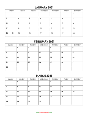 January to March 2021 Calendar Vertical