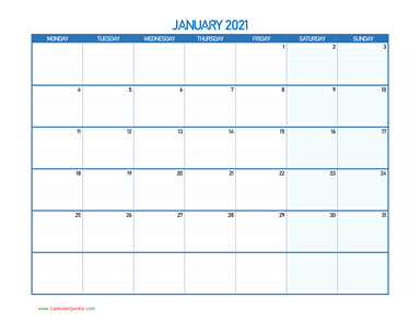 January Monday 2021 Blank Calendar