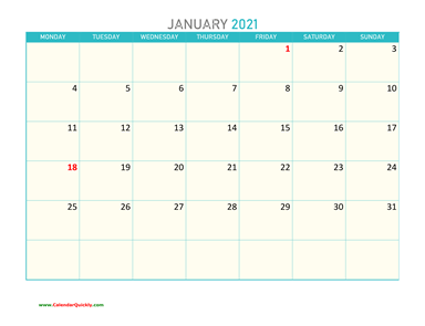 January Monday 2021 Calendar Printable