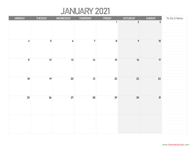 January Monday Calendar 2021 with Notes