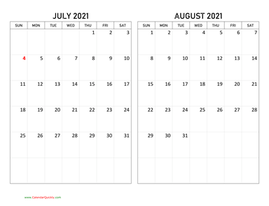 July and August 2021 Calendar Horizontal