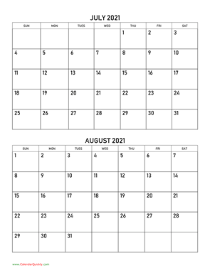 July and August 2021 Calendar Vertical