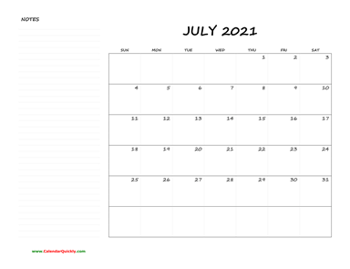 July Blank Calendar 2021 with Notes