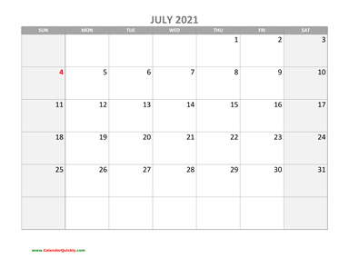 July Calendar 2021 with Holidays