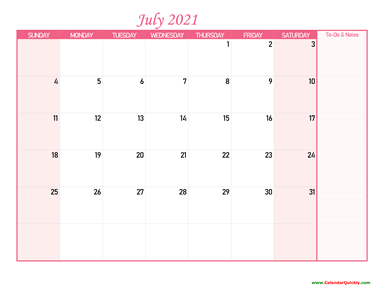 July Calendar 2021 with Notes