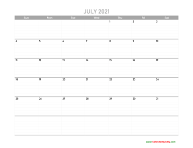 July Calendar 2021 Printable