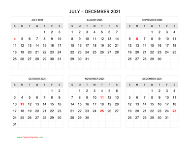 July to December 2021 Calendar Horizontal