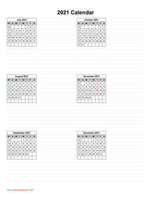 July to December 2021 Calendar Vertical