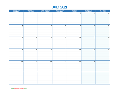 July Monday 2021 Blank Calendar