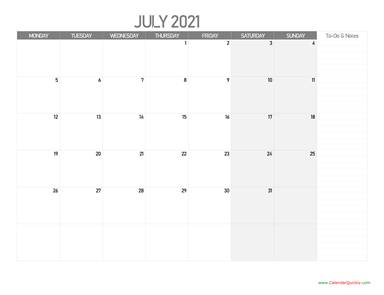 July Monday Calendar 2021 with Notes