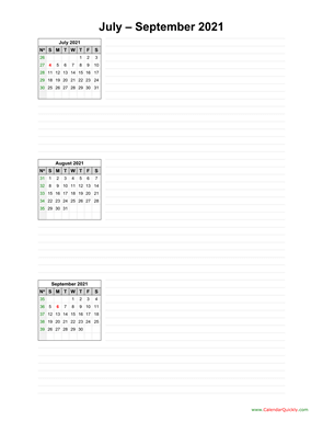 July to September 2021 Calendar with Notes