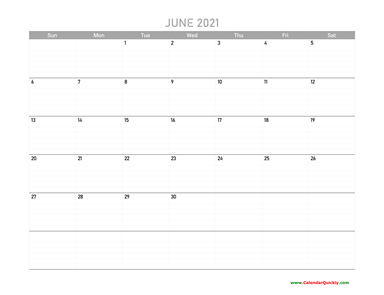 June Calendar 2021 Printable