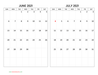 June and July 2021 Calendar Horizontal