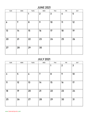 June and July 2021 Calendar Vertical
